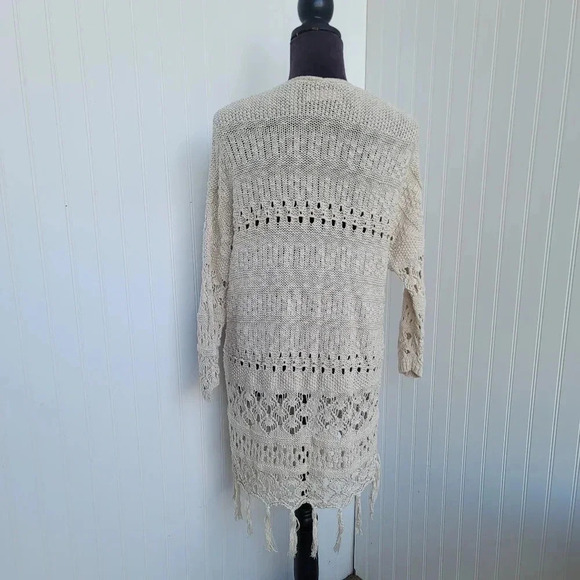 Hollister Women's Beige Knit Open Front Long Sleeve Fringe Cardigan Size Medium - Picture 7 of 9